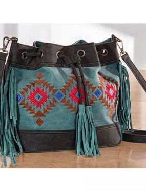 NWOT Montana West Turquoise Suede Fringe Hobo with Southwestern Embroidery